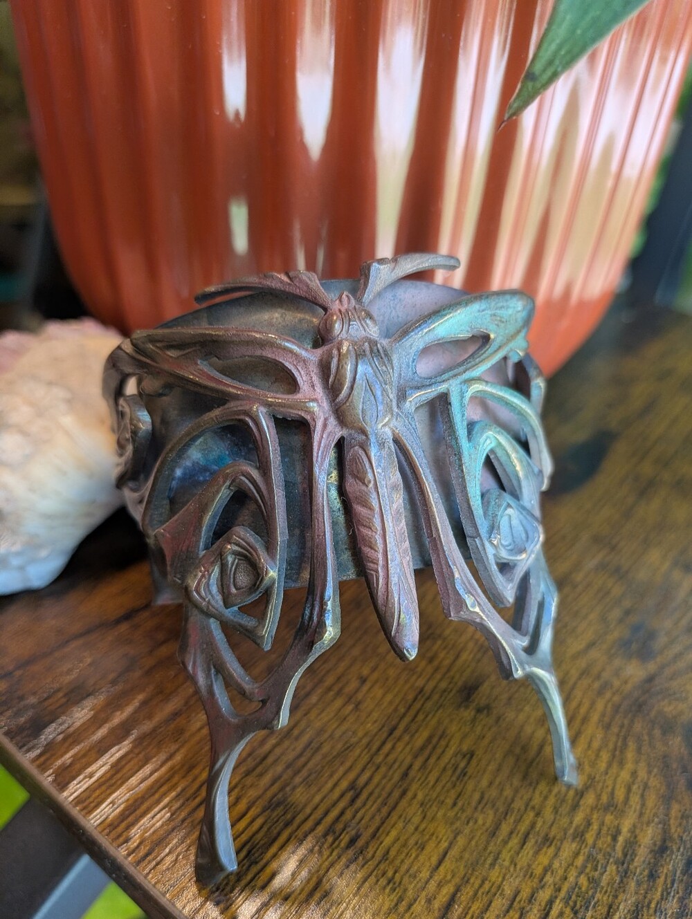 Art Nouveau Metal Butterfly Cuff Bracelet in Patina Finish